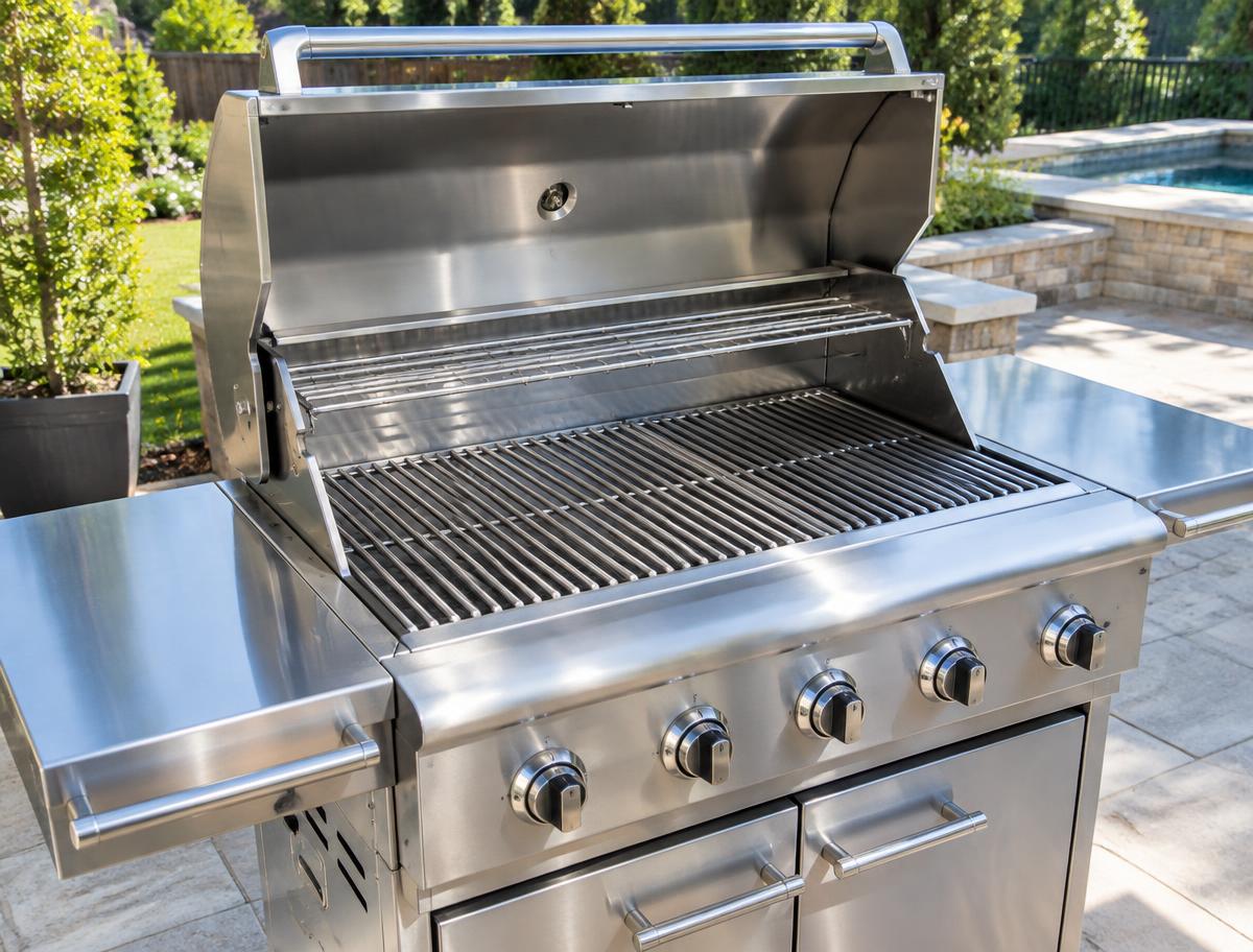 A freshly deep-cleaned stainless steel BBQ grill