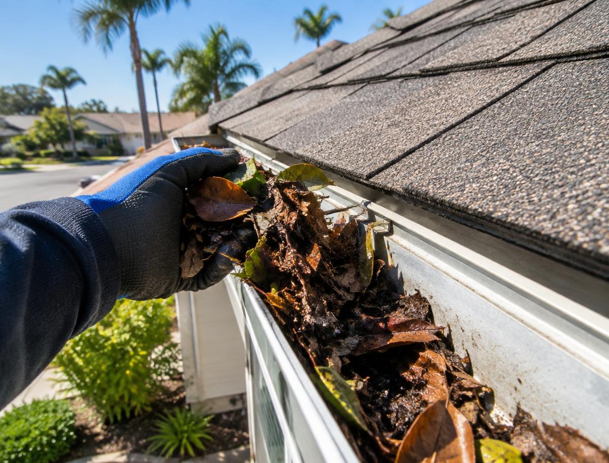 Clearing leaves and debris out of a home's rain gutter
