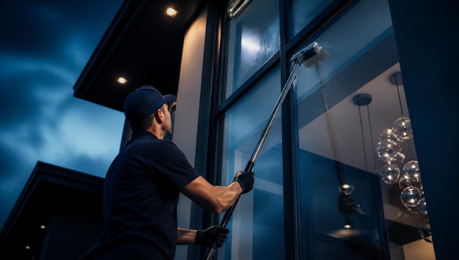 Window cleaning with a waterfed pole on a modern home